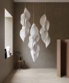 Shell collection overview displaying various sizes and configurations of hemp fiber acoustic pendants