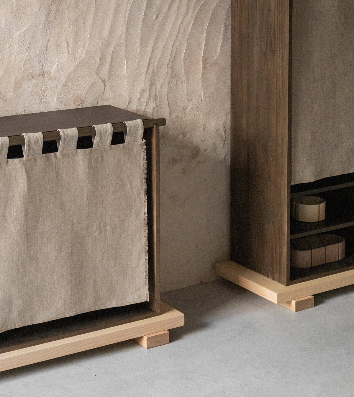 The complete Veil Cabinet collection by Silje Nesdal for Origin Made, featuring both tall and low versions in harmonious arrangement.