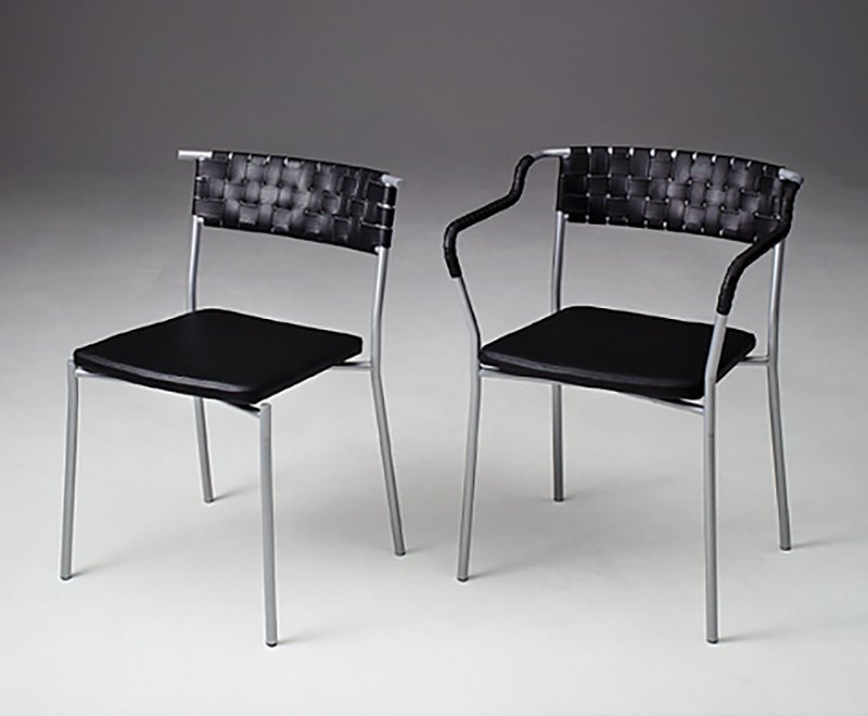 Mattias Ljunggren Chair & Armchair collection in steel and leather for Källemo 2001 showing complete furniture series