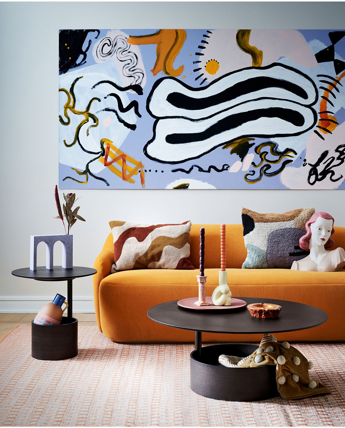 Parasol coffee table in contemporary living room setting showcasing floating design and Scandinavian aesthetics