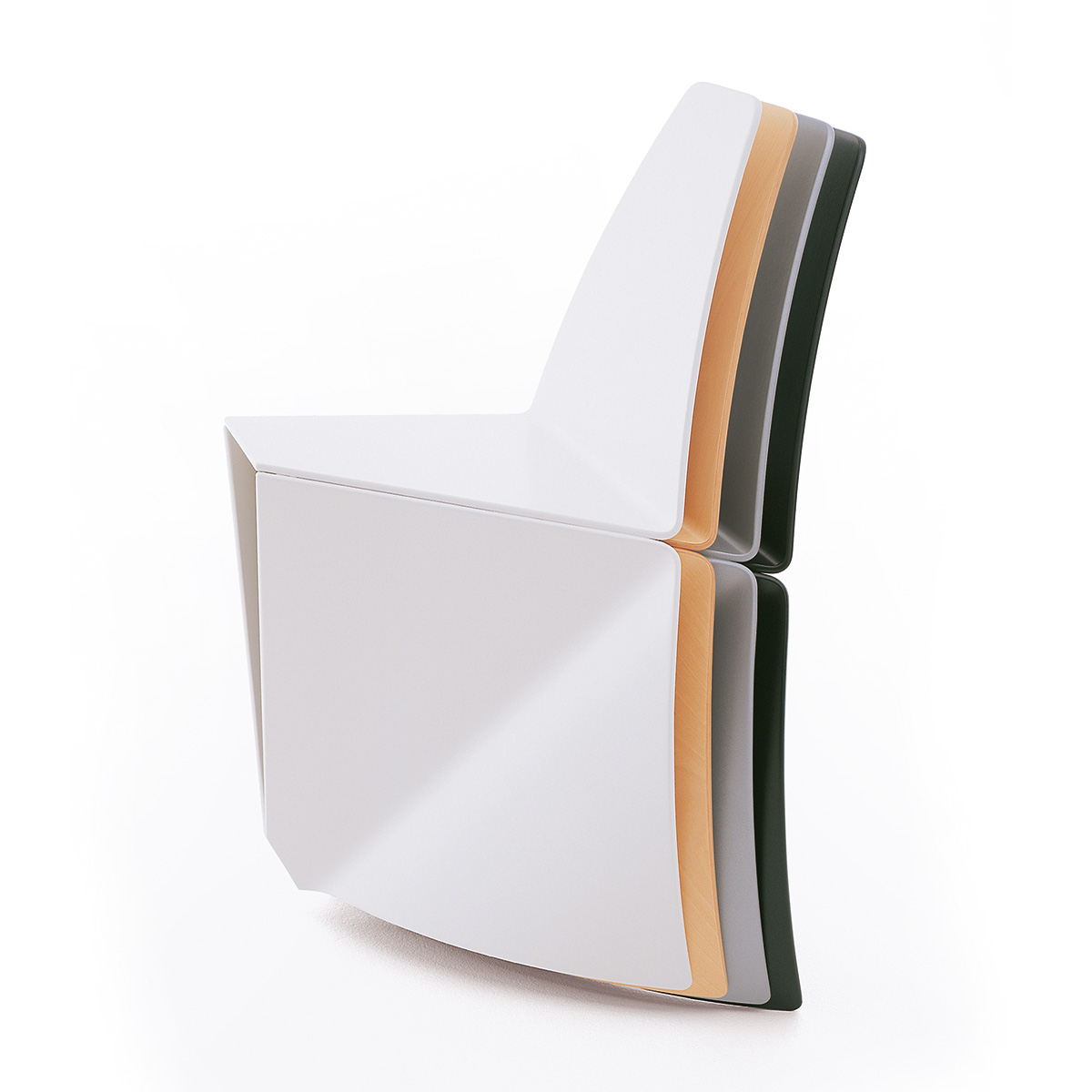 Multiple tri chairs stacked Peter Karpf iform beech plywood space-saving geometric seating design