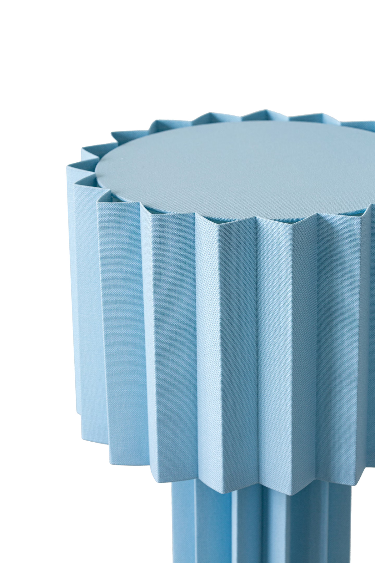 folkform plisse pale blue table lamp Close-up of hand-pleated pale blue textile shade on Folkform's Plissé lamp