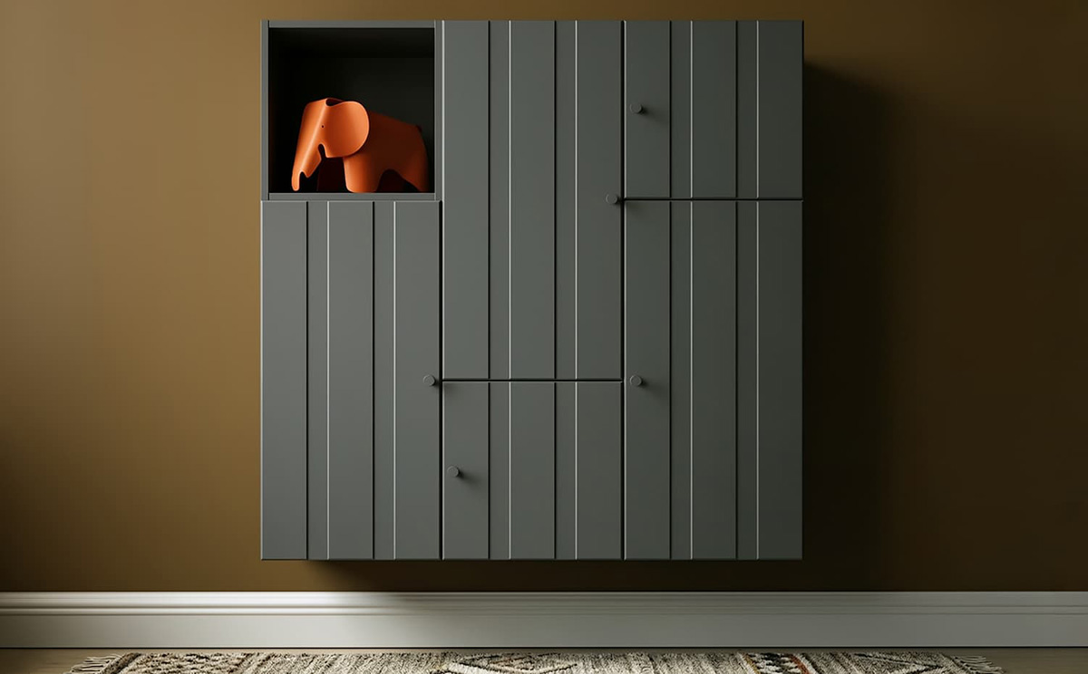 Anne Storage modular shelving system by Anne Krook for Horreds, square module configuration in workspace setting