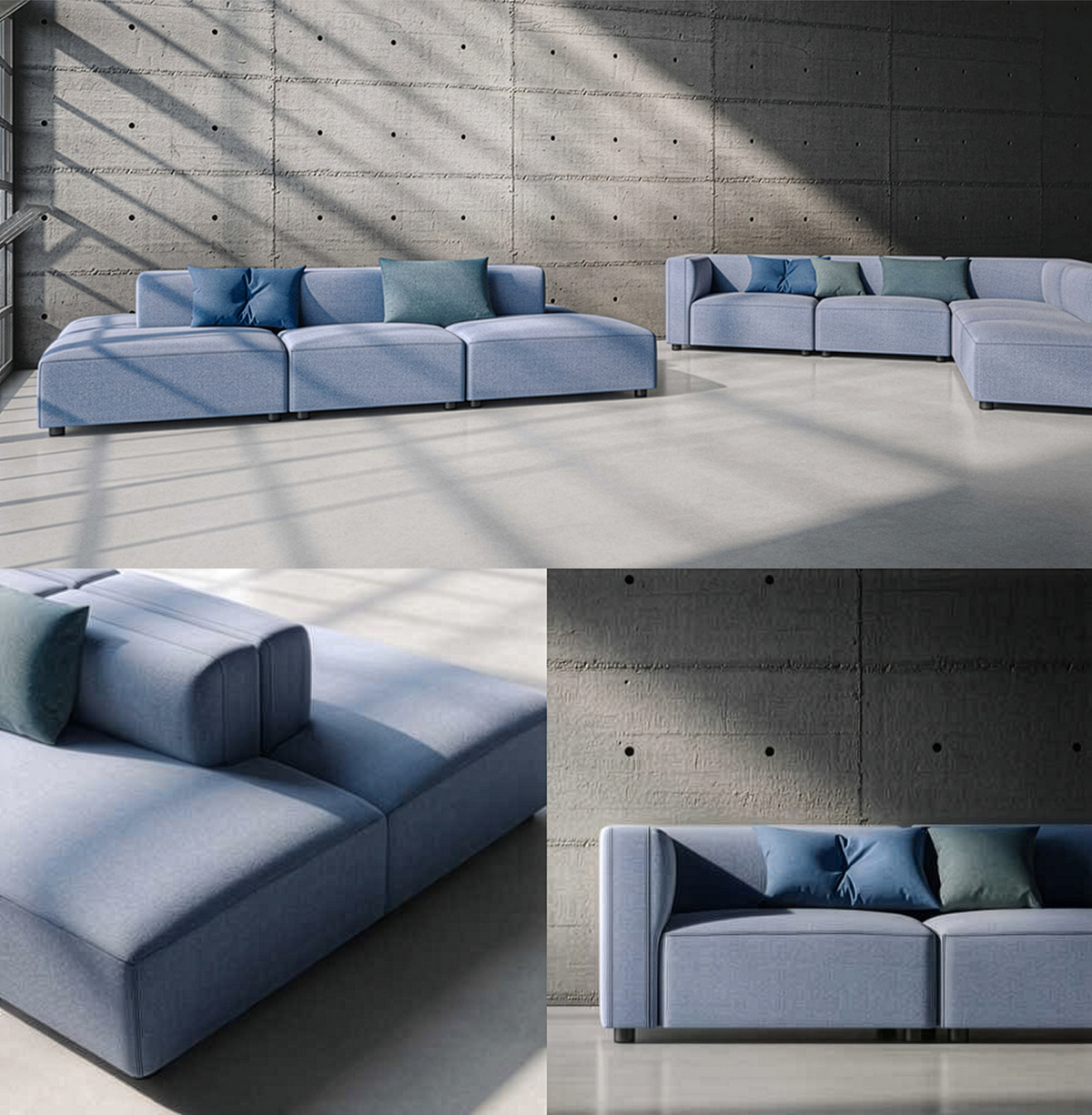 Maia modular seating system by Antti Kotilainen for Martela, showing multiple sofa modules, bench, and armchair configuration in light upholstery.