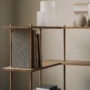 Fogia Lifestyle Bond 30 freestanding corner shelf in lacquered oak with Cube tall vase in linen
