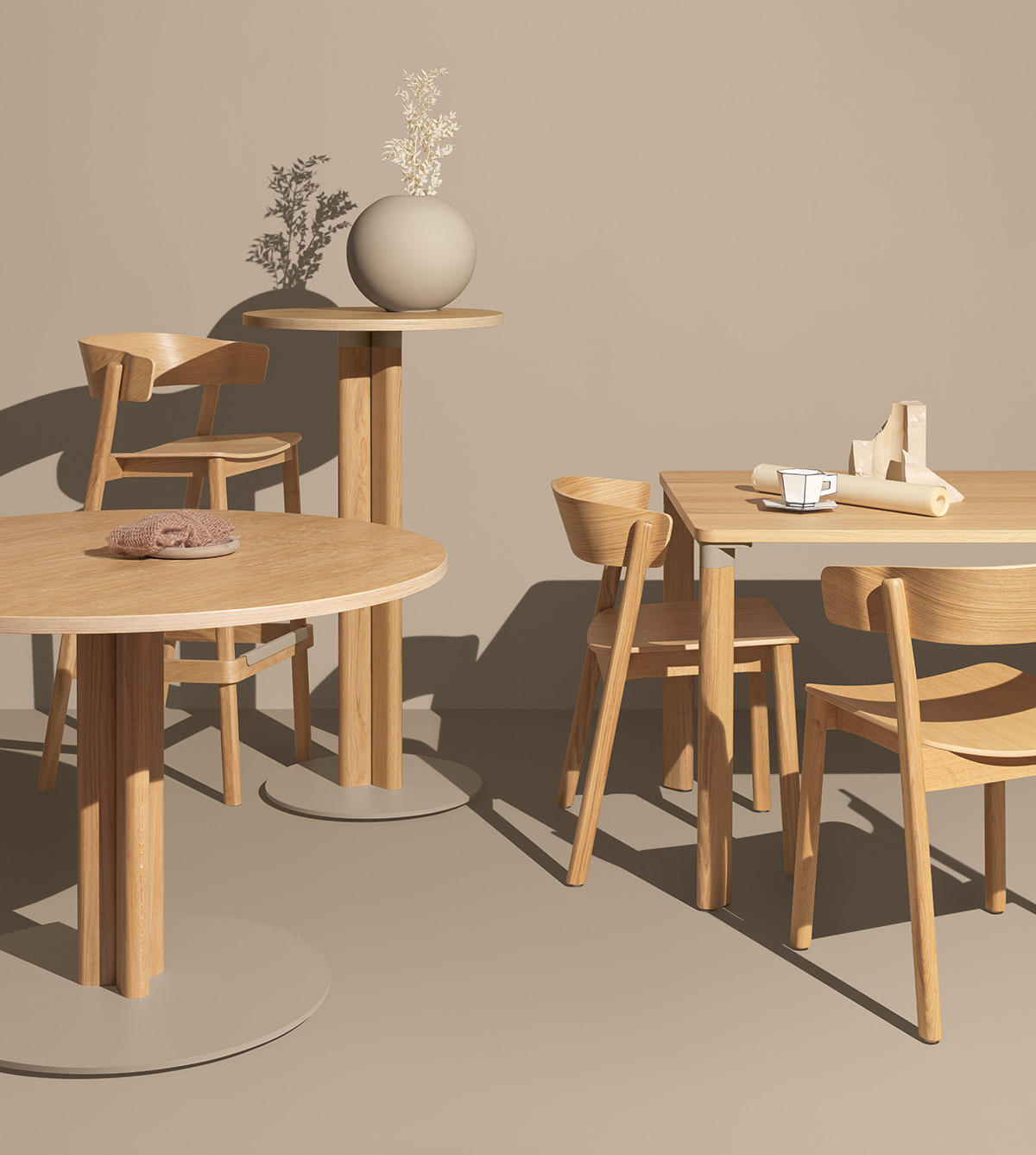 Enfold collection by Sami Kallio for Mizetto — bar stool, counter stool, bar table and dining table in oak and steel