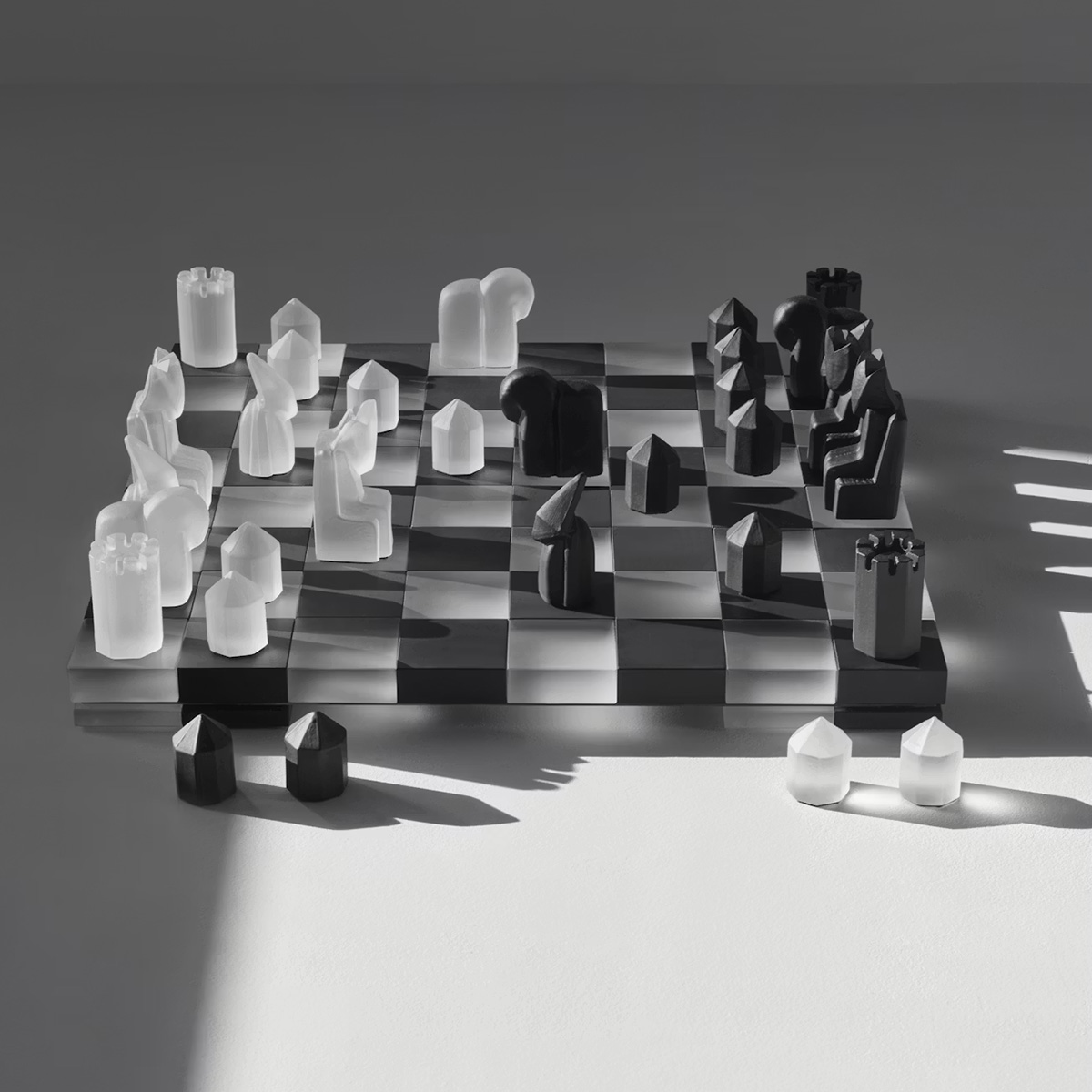 Orrefors and Jay3lle glass chess board, black and clear squares on thick glass base with oak feet