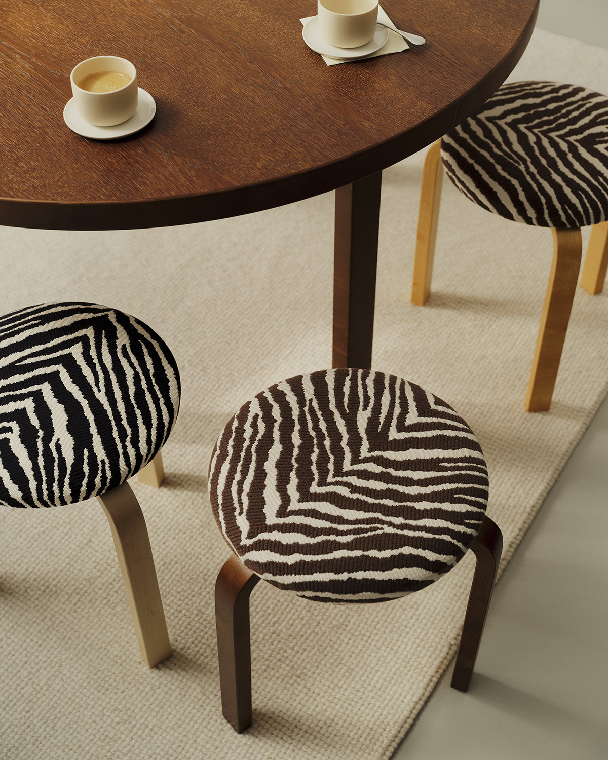 Artek Zebra 2026 in situ Stool 60 Black and Brown Zebra Table 91 walnut master