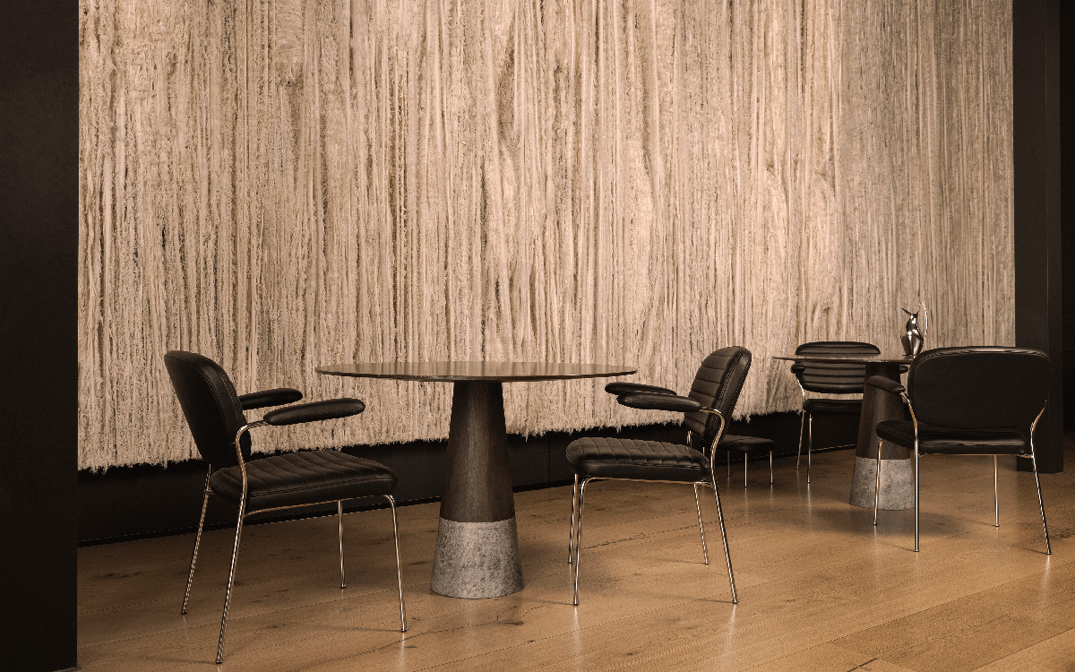 Fogia lifestyle image Flora Armchairs in Elmosoft 99999 leather and polished stainless steel at Maaemo Oslo 06