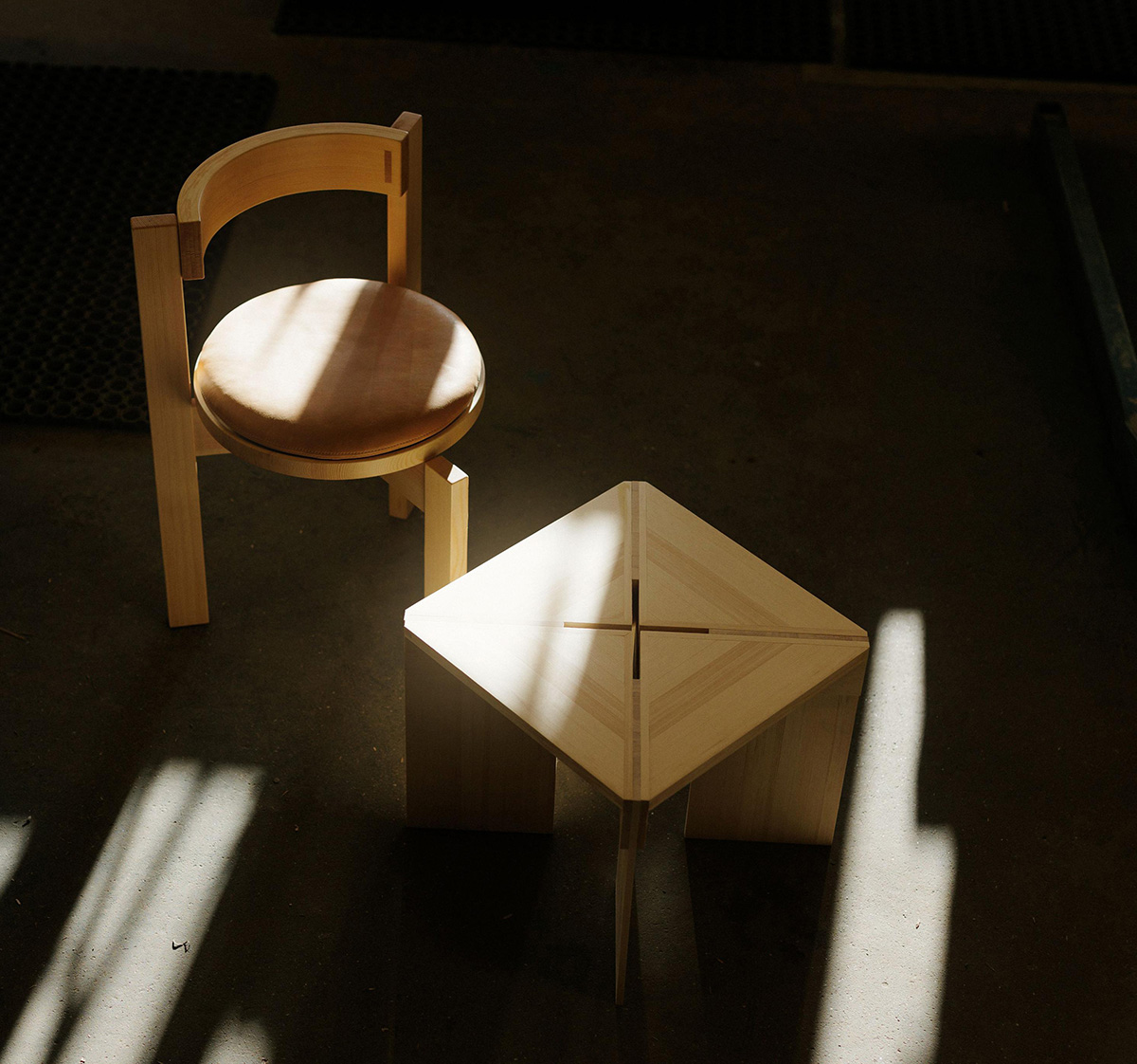 Detail of the central joinery on Sverre Fehn’s Norrköping 01 stool in solid pine